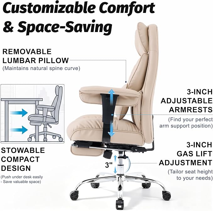 Efomao Executive Office Chair 400lbs,Beige Big and Tall Desk Chair | Mattress-grade pocket spring cushion, sleek leather, 135° recline & footrest for computer gaming setup. - Image 6
