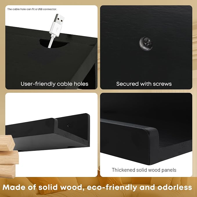 Floating Wall Shelves Set of 2, 12-Inch Solid Wood Shelves with Cable Holes, Small Display Shelf for Router, Webcam, Smart Speaker, Camera – Black - Image 6