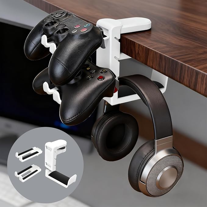 Rotatable Under Desk Headphone Hanger with 2 Controller Slots - 3-in-1 Gaming Accessory with Adjustable Clamp & Cable Organizer,for Home Gaming Xbox ps5 -White - Image 2