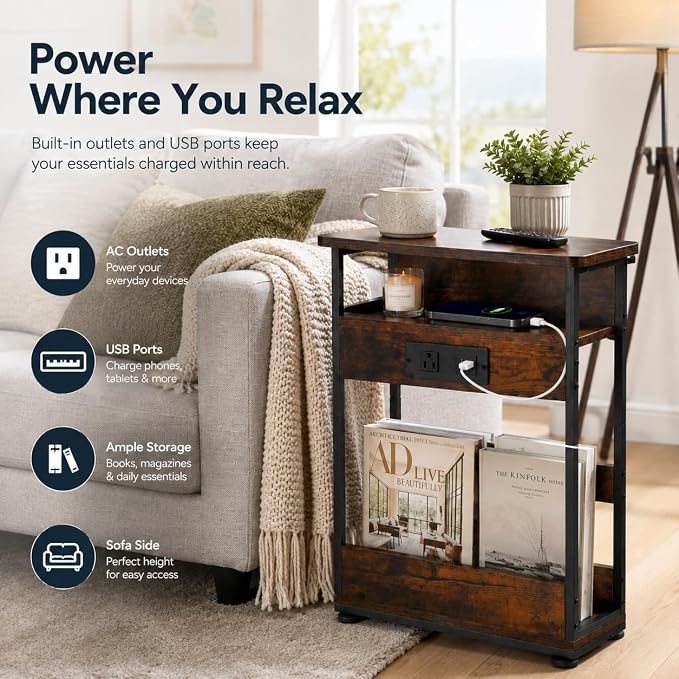 Narrow Side Table With Charging Station, 3-Tier End Table with 2 USB Ports & Power Outlets,Thin Sofa Side Table for Narrow and Small Spaces, Bedside Table Nightstand for Living Room,Rustic Brown - Image 4