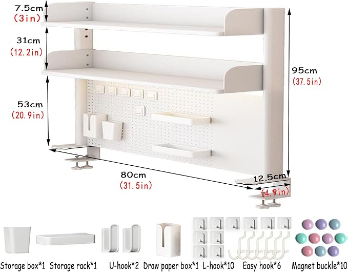 31.5 Inch Clip-on Desktop Organizer Bookshelf with Pegboard, Desk Shelf Organizer, Multipurpose Computer Desk Desktop Bookshelf, Desk Extender Pegboard Clamp, Desktop Display (White) - Image 6