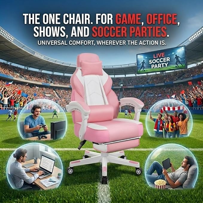 Big and Tall Gaming Chair for Adults, 330lbs Heavy Duty Computer Chair with Footrest & Massage Lumbar Support, Wide Seat High Back Reclining Desk Chair, 360° Swivel, Pink - Image 4
