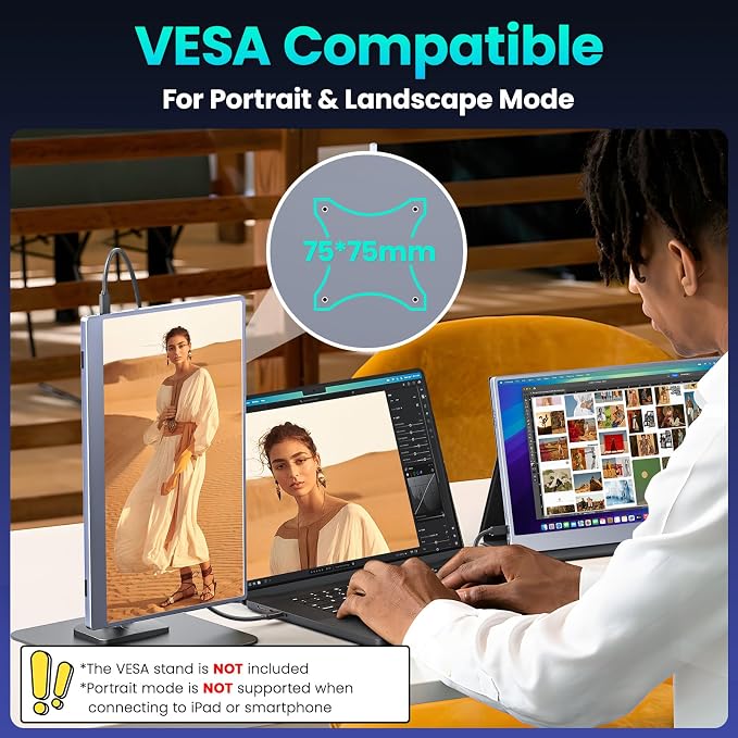 Upperizon Portable Monitor 15.6 inch FHD 85% sRGB 60Hz HDR HDMI USB-C Travel Monitor for Laptop MacBook PC Surface PS5 Xbox, External Display with Cover & Speakers, VESA Compatible - Image 5