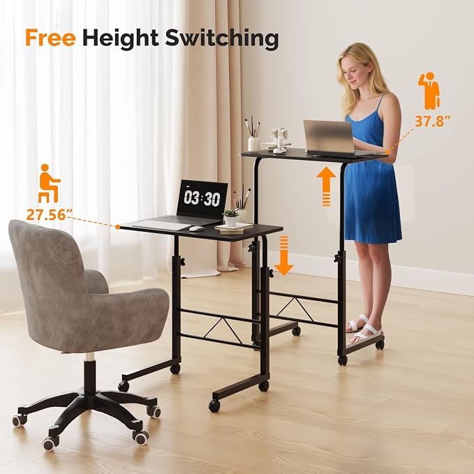 FCH Computer Workstation, Standing Desk Adjustable Height, Small Computer Desk w/Rolling, Sit Stand Laptop Desk TV Tray Computer Workstation for Bed Sofa Hospital Reading Eating, 23.6", Black - Image 3