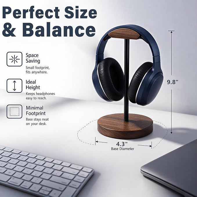 Wood & Metal Headphone Stand, Headset Holder for Desk, Desktop Gaming Headphone Hanger with Stable Non-Slip Bamboo Base, Universal Earphone Stand for Gaming, Office, Home, Gift - Image 7