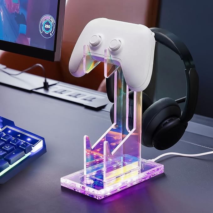 NiHome Controller Holder & Headphone Stand, LED Acrylic 2-Tier Gaming Desk | USB-Powered 7 Colors 3 Modes, Anti-Slip Headset Cable Management, Gamer Gift For PS5 Xbox - Image 6