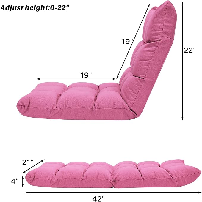 Giantex Adjustable Floor Gaming Sofa Chair 14-Position Cushioned Folding Lazy Recliner High Resilience Sponge, Breathable Cotton & Linen Fabric Sleeper Bed Couch Recliner (Pink) - Image 3