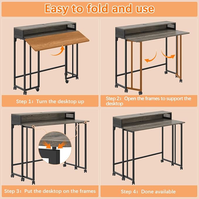 Gezen 31.5" Folding Desk with Storage Shelf, Small Rolling Desk, Dark Grey - Image 5