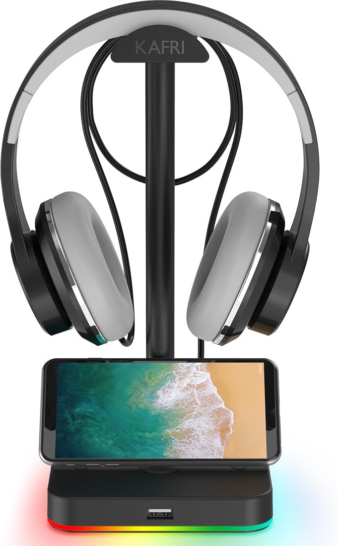 KAFRI RGB Headphone Stand with USB Hub Desk Gaming Headset Holder Hanger Rack with 1 USB2.0 Extension Charging Port Extender Cord - Suitable for Gamer Desktop Table Game Earphone Accessories, Black by Unknown