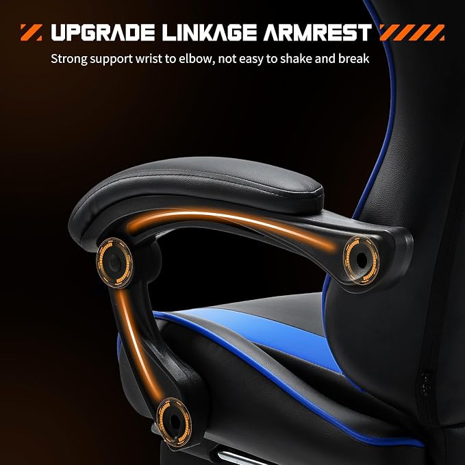 Sweetcrispy Gaming Chair with Footrest, Ergonomic Lumbar Support Desk Chair | High Back Ergonomic, PU Leather, Adjustable Headrest, Linkage Armrest, Height Adjustable, 360 Swivel, Blue - Image 6
