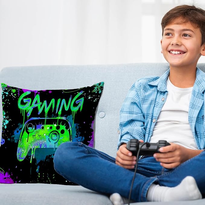 Gaming Pillow Cover,Gamer Pillow Cover 18x18,neon Colors Green Gaming Pillow Cover, Graffiti Pillow Covers, Gifts for The Gamer Kid,Son boy Room Decorations for Bedroom(Green) - Image 3