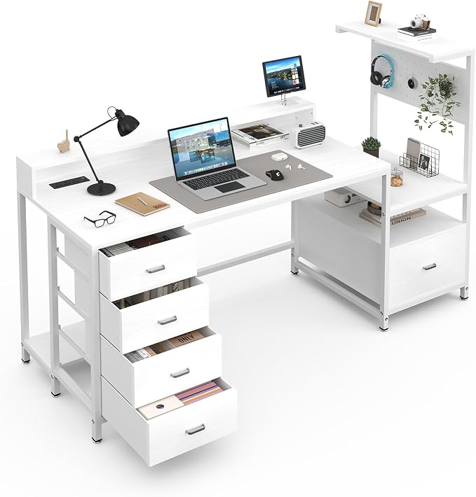 Computer Desk with Drawers, Home Office Desk with Storage Shelves, Charging Station, Corner Gaming Desk with Pegboard for Workspace, White - Image 8
