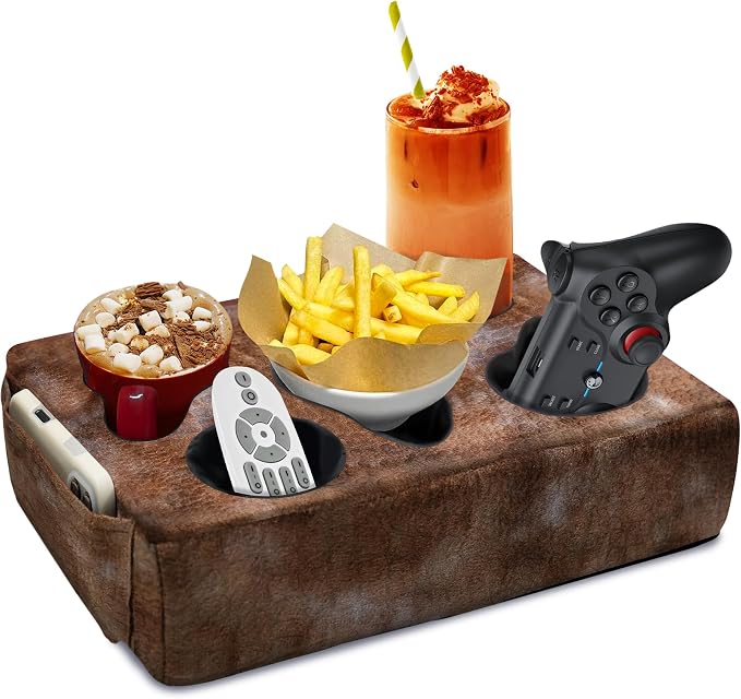 Couch Cup Holder Pillow, 5 Hole Couch Drink Holder! Keep Drinks Hand Side and Keep Temp, Prevent Spills and Use Anywhere. Cup Holder for Couch, Bed, Camping, RV, Car, Beach. Brown by NISDOING