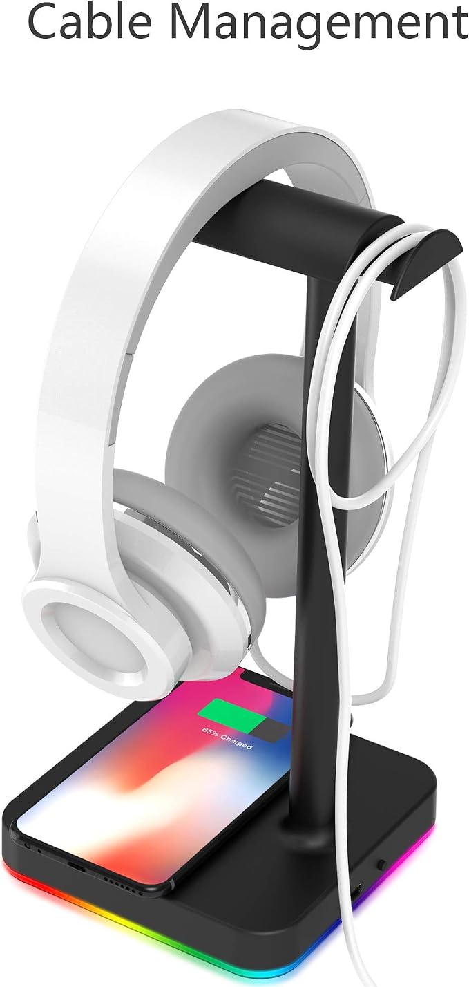 KAFRI RGB Headphone Stand with Wireless Charger Desk Gaming Headset Holder Hanger Rack with 10W/7.5W Fast Charge QI Wireless Charging Pad - Suitable for Gamer Desktop Table Game Earphone Accessories - Image 4