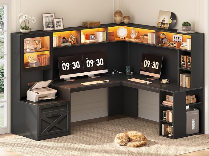 SEDETA Farmhouse L Shaped Computer Desk with Double Hutch, Storage Drawers by SEDETA