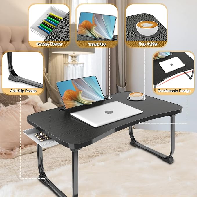 Fayquaze Lap Laptop Desk, Portable Foldable Laptop Bed Table with Storage Drawer and Cup Holder, Lap Desk Lap Bed Stand Tray Table Serving Tray for Eating, Reading and Working - Image 2