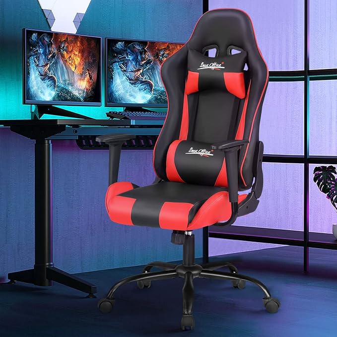 Gaming Chair Office Chair Desk Chair with Lumbar Support Headrest Armrest Task Rolling Swivel Ergonomic E-Sports Adjustable PC Gamer Chair (Red) - Image 2