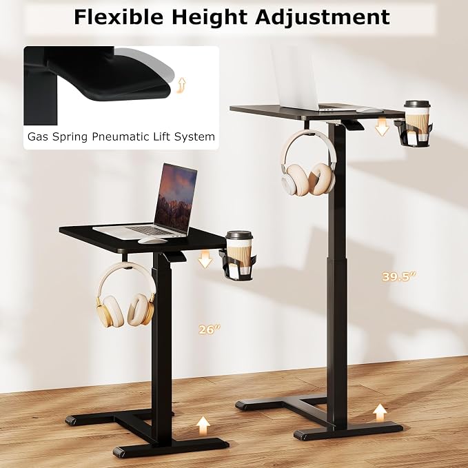 Tangkula Mobile Standing Desk, Pneumatic Height Adjustable Rolling Desk with Cup Holder & Headphone Hook, Overbed Table with Hidden Wheels, Laptop Computer Cart for Couch, Home, Office (Black) - Image 6