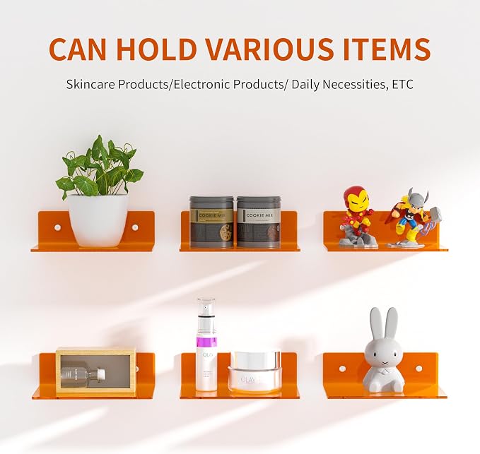 Sezanrpt 9 Inch Orange Wall Shelves, Acrylic Wall Mounting Ledges Display, Acrylic Display Wall Shelf for Funko Pop Figures, Collectibles, Plants, Décor, Toiletries, Spices, 2 Pack - Image 4