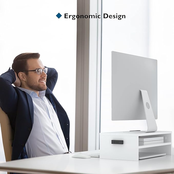 BONTEC Wooden Monitor Stand Riser for Desk, 2-Tier Computer Monitor Stand | 66 lbs Desk Shelf Organizer with Storage, Laptop & Printer Stand with Phone Holder and Cable Management, White, 16.5 Inch - Image 2