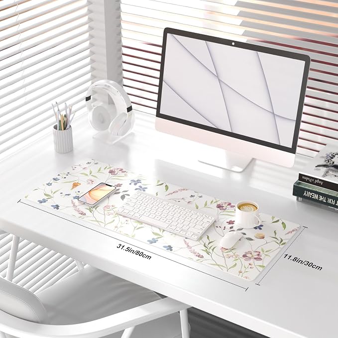 QiyI PU Leather Large Mouse Pad, 31.5" x 11.8", Watercolor Flowers | Desk Décor Accessories, Extended Size, Waterproof & Easy to Clean, Smooth Surface, Non Slip Desk Organization - Image 2