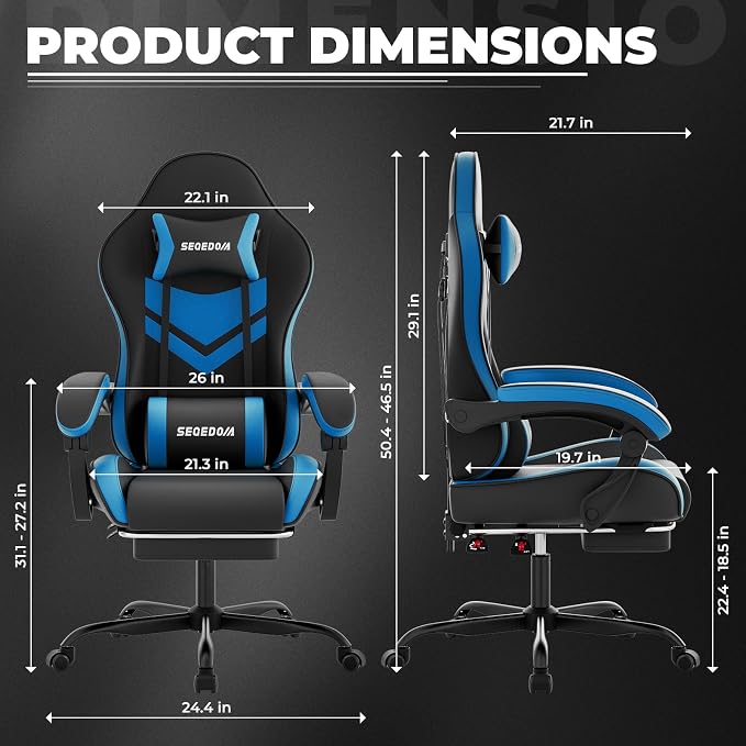 Gaming Chair with Footrest & Massage Lumbar Support, PU Leather Ergonomic High Back Swivel Height Adjustable Chair for Adults, Office Gaming, 300 lbs (Black Blue) - Image 3