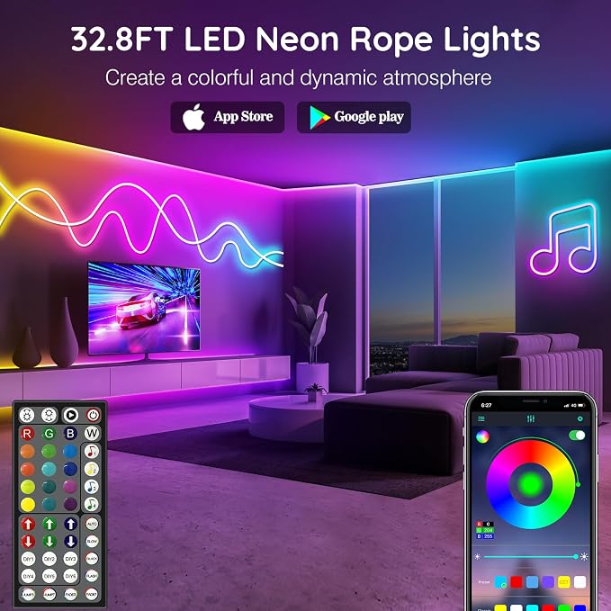 AILBTON 32.8Ft Neon Rope Lights,Flexible Led Rope Lights Control with App/Remote,Multiple Modes Music Sync Gaming RGB Led Neon Lights for Bedroom Outdoor - Image 2