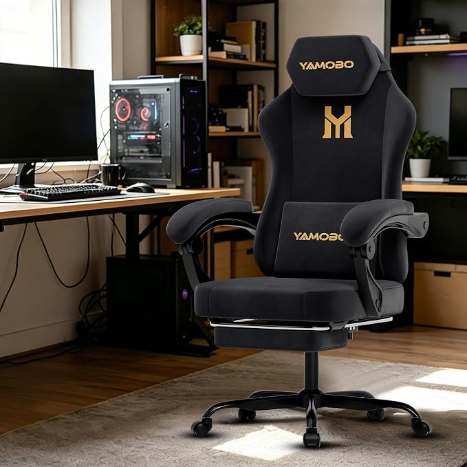Gaming Chair with Footrest, Game Chair with Lumbar and Headrest Massage Support for Adults, Ergonomic Fabric High Back Computer Desk Gamer Chair with 360°Swivel Wheels for Office, Black - Image 2