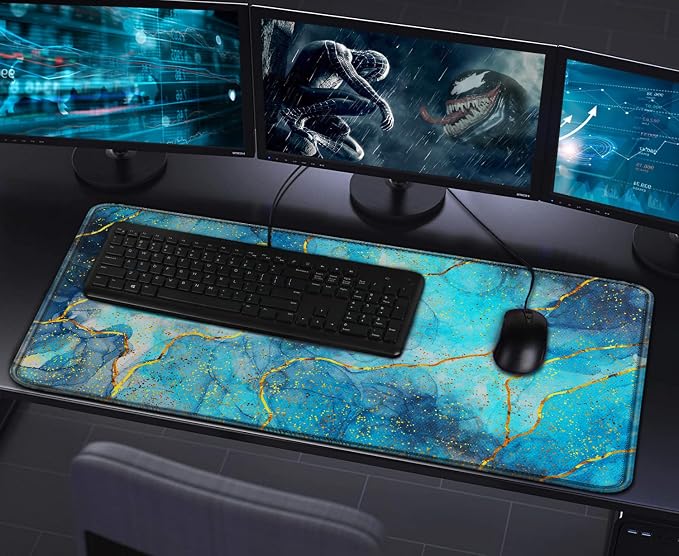 Large Gaming Mouse Pad with Stitched Edges, (31.5X15.7In) Durable Non-Slip Natural Rubber Base, Waterproof Computer Keyboard Pad Mat for Esports Pros/Gamer/Desktop/Office/Home- Marble Blue - Image 7