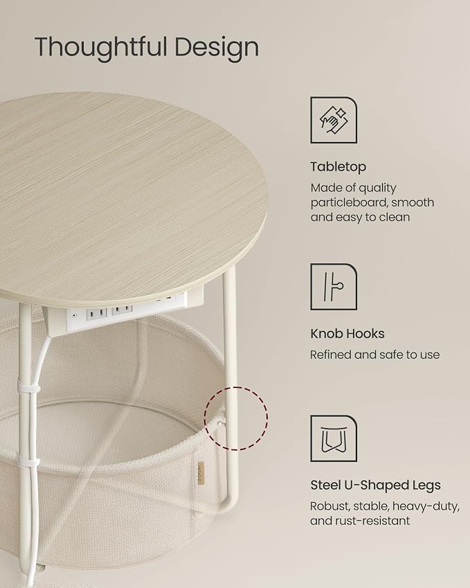 VASAGLE Side Table with Charging Station,Fabric Basket, Round End Table - Image 6