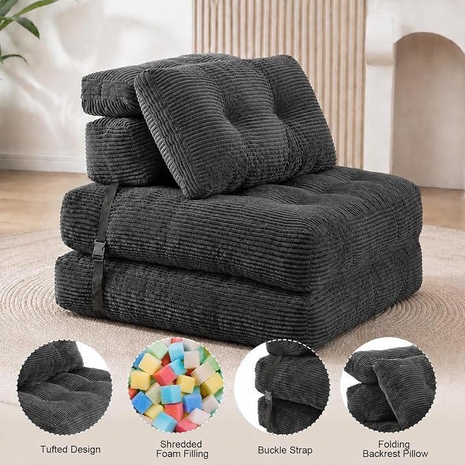 King Oasis Folding Sofa Bed, Corduroy Chair Bed with Pillows | 3-in-1 Fold Out Floor Sofa Couch with Headrest and Lumbar Pillows，for Living Room, Bedroom, Apartment, Dorm,Dark Grey - Image 4