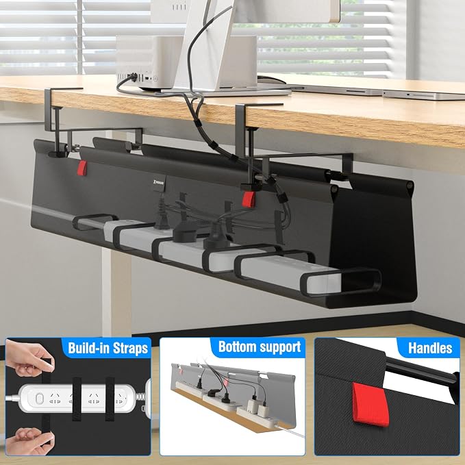 No Drill Under Desk Cable Management Tray, 48" Cord Management Tray with Cable Loop, Upgraded Oxford Fabric Wire Management for Standing Desk - No Damage to Table - Image 5