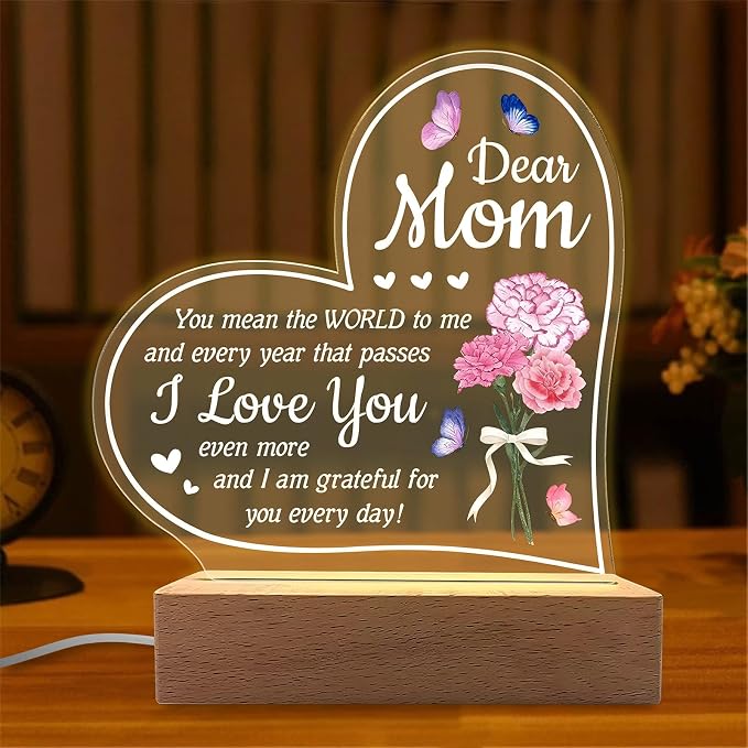 Carnation Heart Shape 3D Crystal Acrylic Light with Wood Stand, LED Night Light for Kids Room Decor, Gift for Mom on Birthday or Holiday, Home Decor Art Display - Image 7