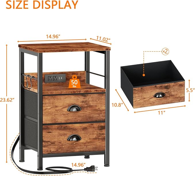 Nightstand with Charging Station for Dorm, 2 Fabric Drawers, Rustic Brown - Image 3
