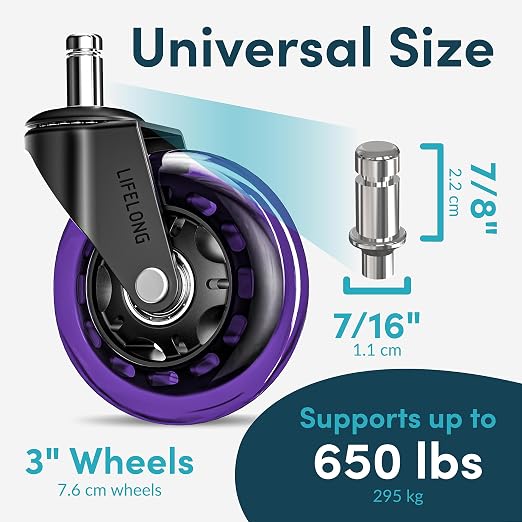 Lifelong Office Chair Wheels Replacement, Heavy Duty, Purple, 5-Pack | Original Rubber Caster, Desk Wheels, Smooth & Quiet, Safe for Hardwood Floors & Carpet, Replace Office Chair Mats, Fits 98% - Image 4