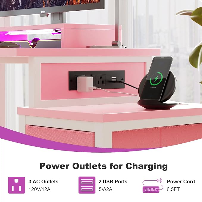 Small Gaming Desk with 2 Fabric Drawers - Reversible Computer Desk with Power Outlet & LED Lights, 49" Office Desk with Monitor Stand & Storage Shelves, Writing Study Table with Pegboard, Pink - Image 6