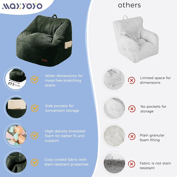 MAXYOYO Kids Bean Bag Chair, Convenient Bean Bag Sofa with Handle | Comfy Toddler Chair for Boys and Girls, Accent Sofa Chair with Pocket for Gaming Reading, Dark Green - Image 8