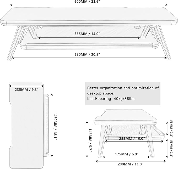 Fenge Monitor Stand Riser, Wooden Desk Shelf with 2-Tier Storage | 23.6-Inch Wide, Sturdy Aluminum Legs, Built-In Phone & Tablet Slot, Desktop Organizer for Office Accessories - Image 5