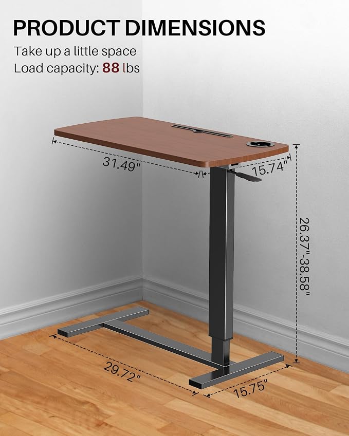 Foldable Overbed Table with Wheels, Pneumatic Adjustable Desk - Image 2