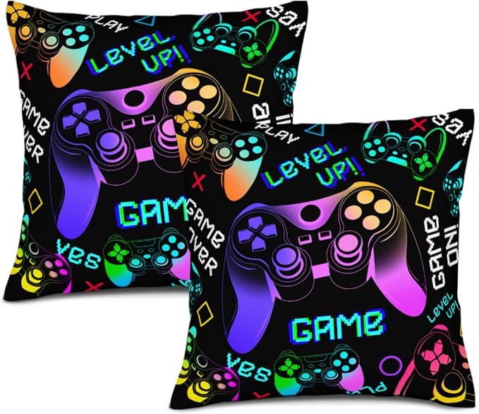 Gaming Throw Pillow Covers, Gamer Pillow Cases - 18"x18" Set of 2, Boy Gaming Room Decor by Unknown