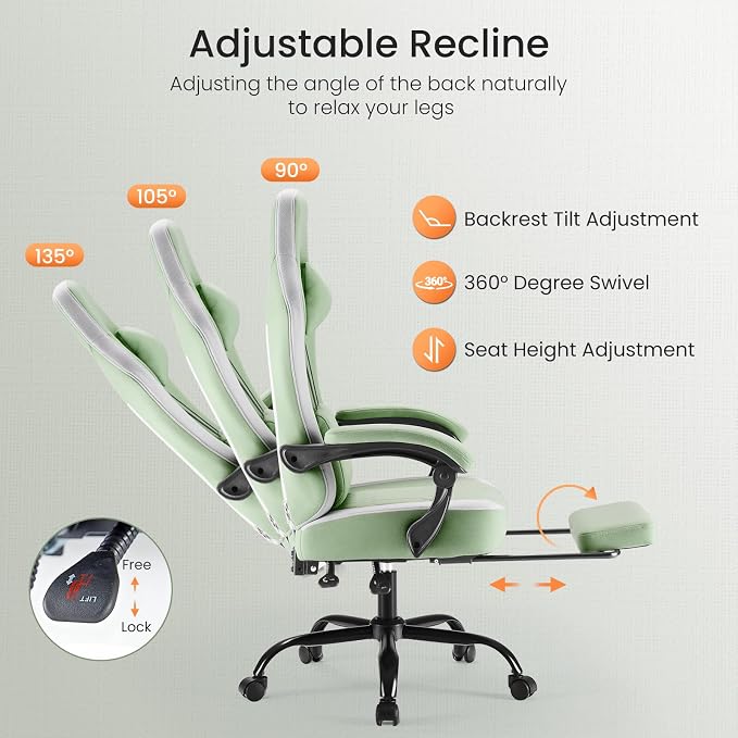 Sweetcrispy Gaming Chair, Ergonomic Computer Desk Chair, Lumbar Support | High Back Ergonomic Footrest, Height Adjustable Linkage Armrests Headrest, 360 Swivel Wheels Fabric, Green - Image 7
