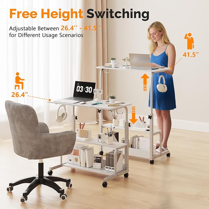 FCH 31.5" Mobile Small Standing Desk, Adjustable Height Mobile Computer Desk, w/2 AC Outlets + 3 USB Ports & Hooks, Storage Shelves, Suitable for Gaming, Studying, Home Office, White - Image 3