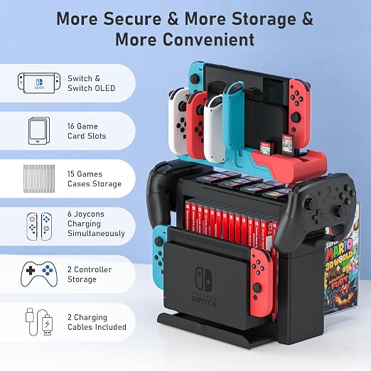 Switch Game Storage with Controller Charger for Nintendo Switch & OLED Model, Switch Charging Dock Charges 6 Joycons, Switch Gaming Accessories Holder Desk, Switch Game Gift Card Organizer (Red＆Blue) - Image 2