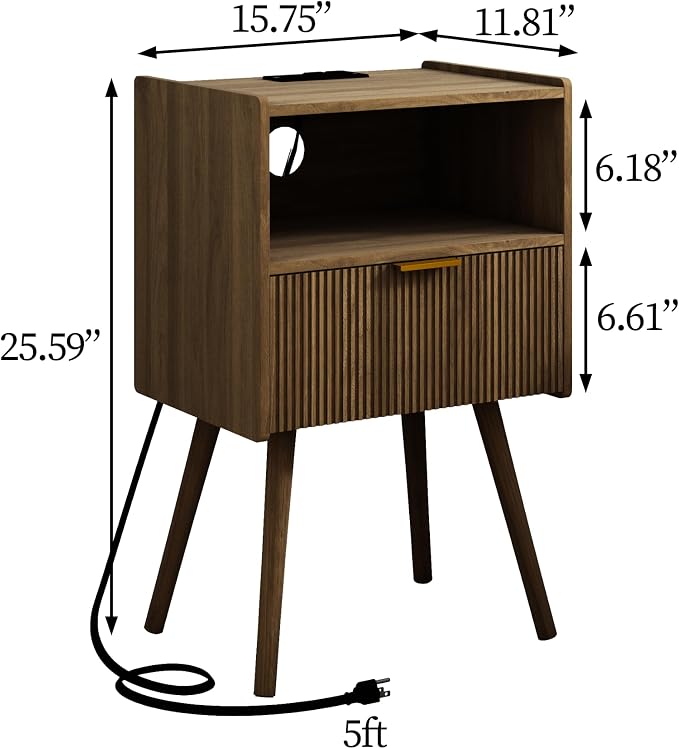 JOONEE Nightstand with Outlet,Modern Bedside Table with Storage Drawer and Open Wood Shelf, for Living Room, Bedroom and Small Spaces, Accent Night Stand with Solid Wood Legs, Easy Assembly,Brown - Image 2