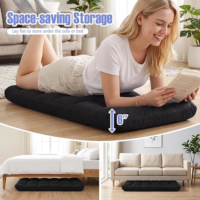 Giantex Adjustable Floor Gaming Sofa Chair 14-Position Cushioned Folding Lazy Recliner High Resilience Sponge, Breathable Cotton & Linen Fabric Sleeper Bed Couch Recliner (Black) - Image 7