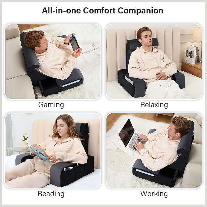 Vekkia 21" Reading Pillow for Bed with XL Side Pockets for Adult | 60° Wedge Back Support, Adjustable Arms,Washable Cover,Support for TV,Gaming,Working,Nursing,Recovery in Bed&Floor,Black/Gray - Image 4