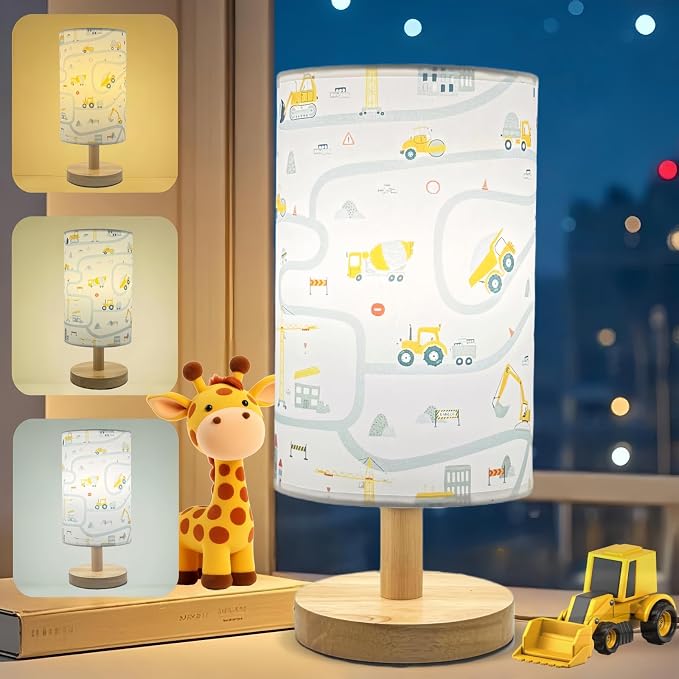 Kids Desk Lamp for Bedroom Boy,Reading Car Lamp,3-Way Dimmable Bedside Night Light with Cartoon Pattern Printed Shade and Wood Base for Kids Room Nursery Living Room Decor,Car Gift for Boys by Unknown