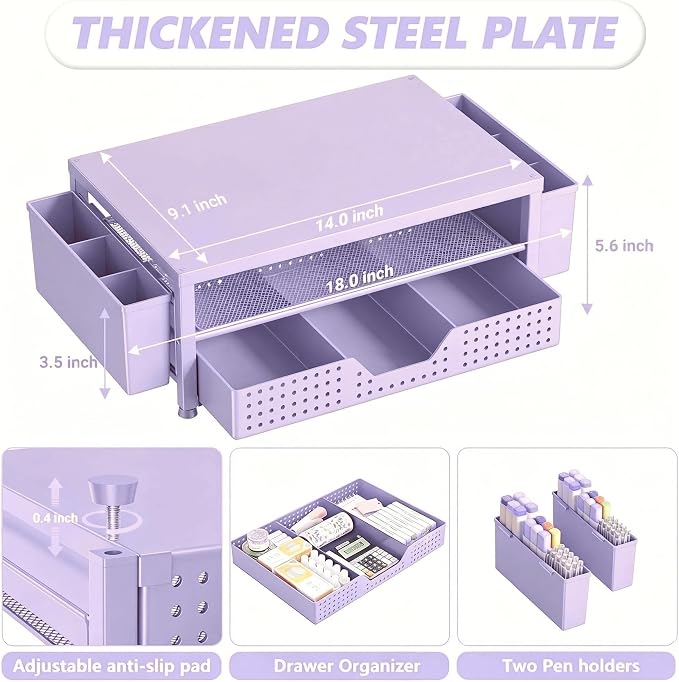 OPNICE Desk Organizers and Accessories, Computer Monitor Stand Riser with Drawer and 2 Pen Holders, Printer & Laptop Stand, Office Desk Accessories & Workspace Organizers for Home Office Supplies, Purple - Image 7