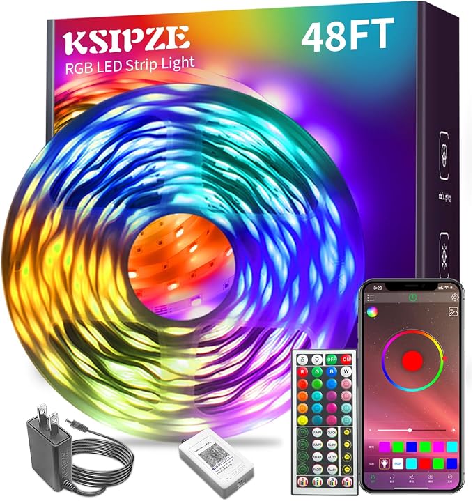 KSIPZE Led Lights for Bedroom 48ft Led Strip Lights with Remote RGB Color Changing Music Sync Bluetooth Smart App Control for Room Bedroom Lighting Flexible Home Décor by KSIPZE