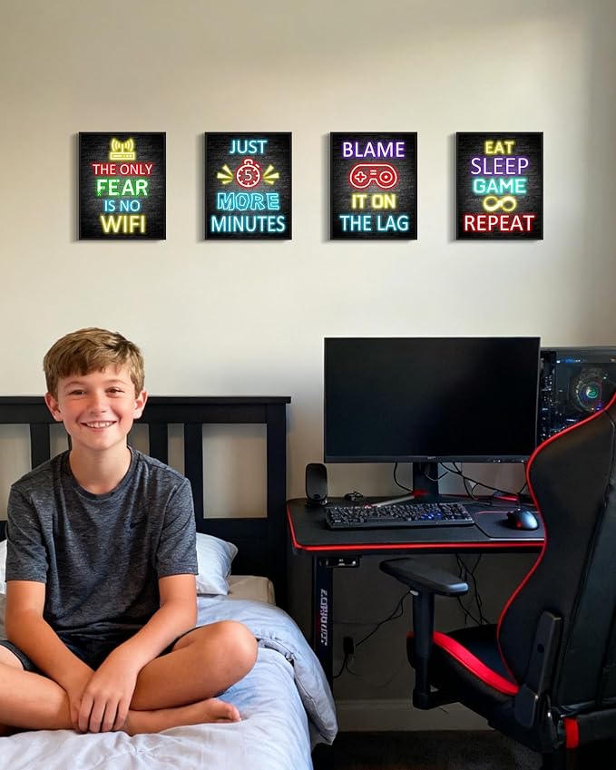 KUVIOKE Video Gamer Room Decor for Teen Boys Gaming Wall Art Gamer Neon Sign Teenage Bedroom Decor Ready to Hang Set of 4, 8x10in (Framed) - Image 5